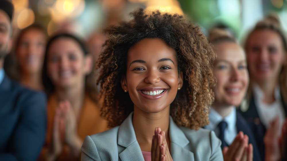 woman in suit with big smile